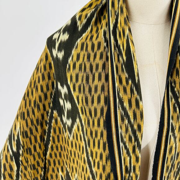 Large Handmade Black Brown Ikat Woven Cotton Shawl Wrap w Fringe - Picture 2 of 6